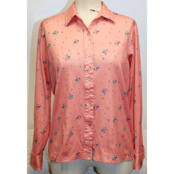 Vtg 1970s Sears Shirt Perma-Press Polyester Stretch Knit Pink Abstract Sleigh LS - Picture 1 of 9